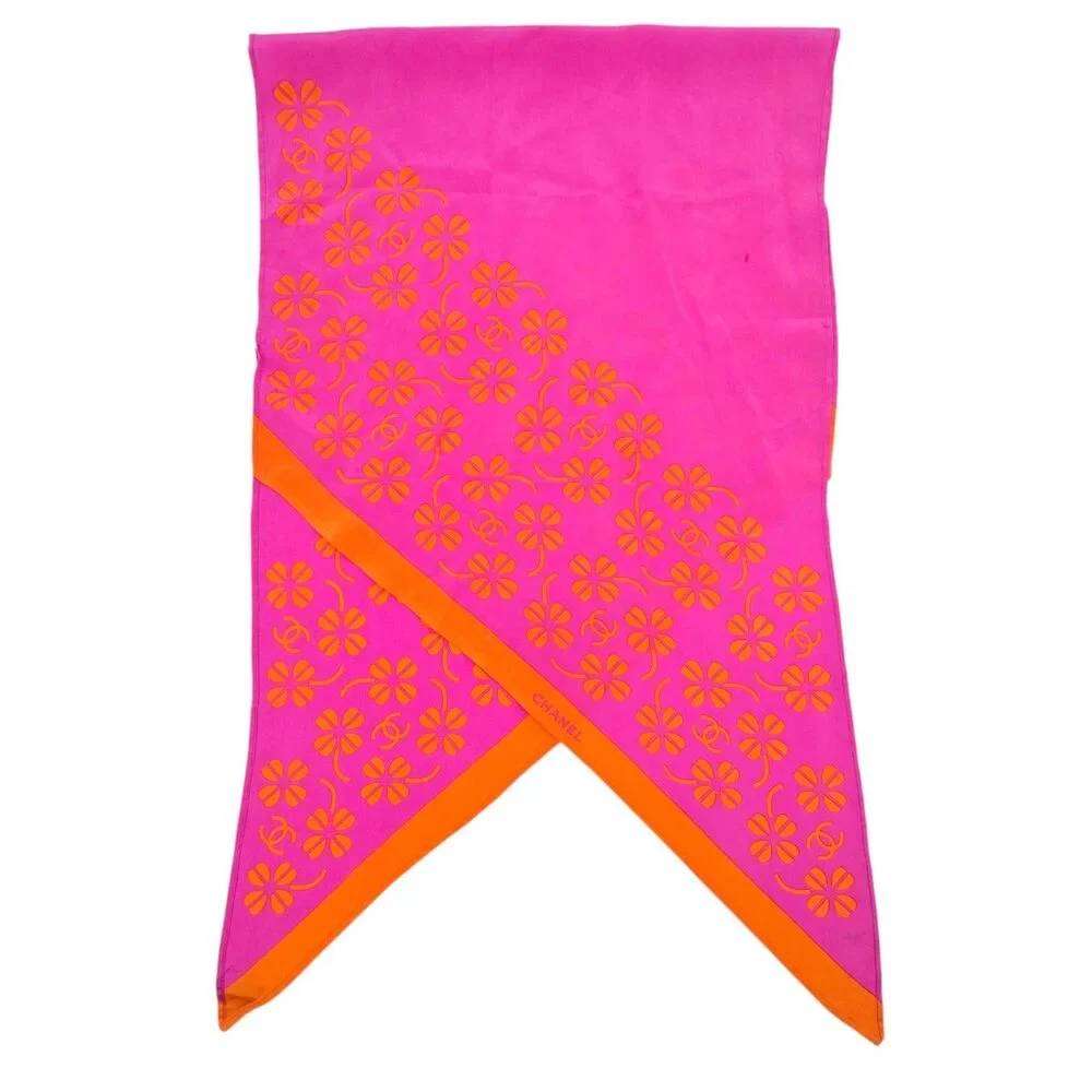 Chanel Hot Pink & Orange Clover Print Silk Scarf